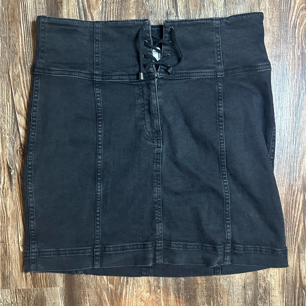 Free People Black Denim Lace-Up Pencil Skirt
